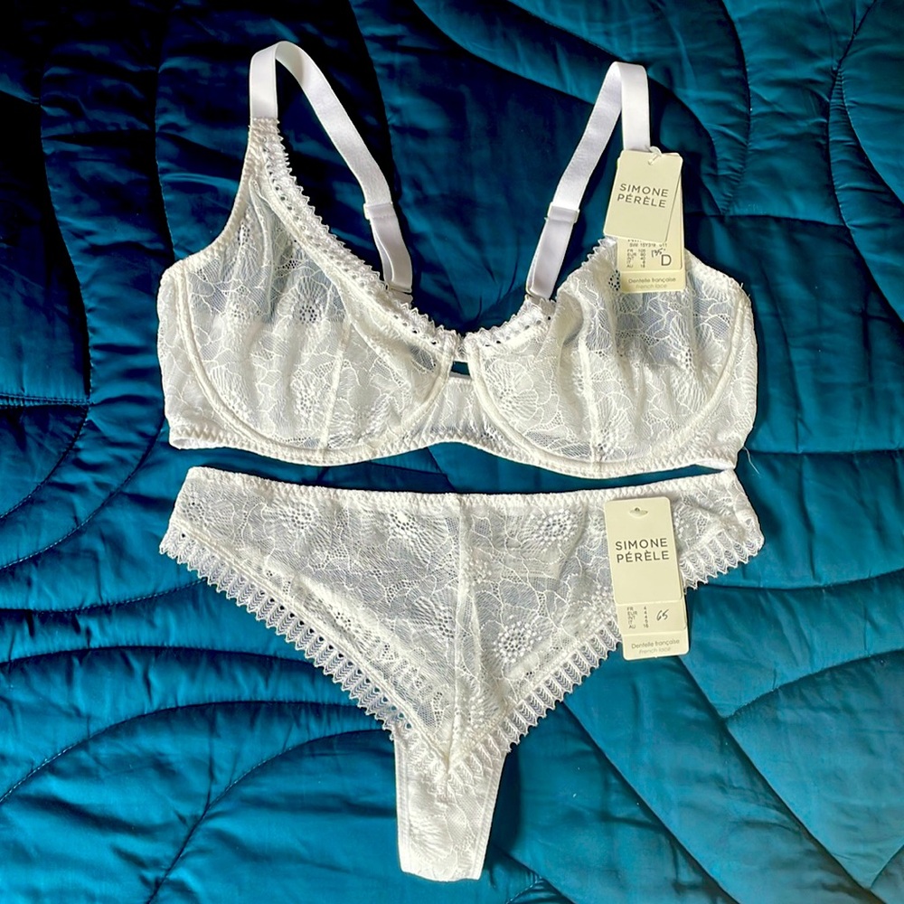 NWT SIMONE PERELE white bra & panty set; new luxury, sexy, bridal, French lace